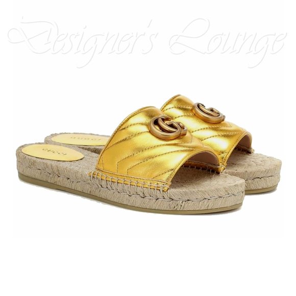 ⚡️SOLD! NEW GUCCI Marmont GG EU 39.5 Pilar Metallic Gold Leather Espadrilles - Picture 7 of 11